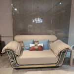 Beige Leather Sofa Set with Natural Marble Inlay, Gold Foil Embossing & Drawstring Craftsmanship